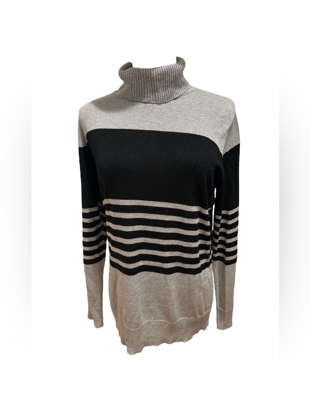 Y2K SPARKLING METALLIC SILVER & BLACK STRIPED TURTLENECK SWEATER JOSEPH A. SZ L